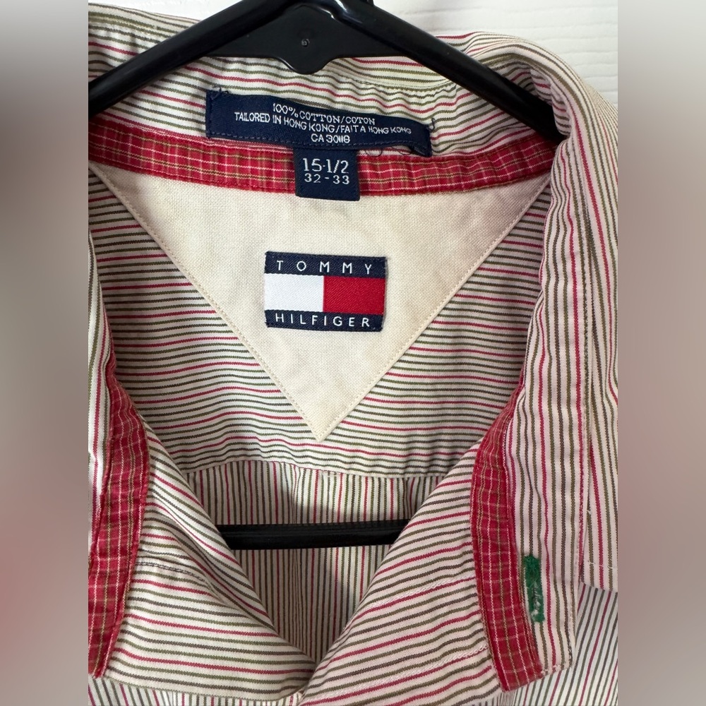VTG Tommy Hilfiger Men's Red, Green & White Striped Button Down Shirt